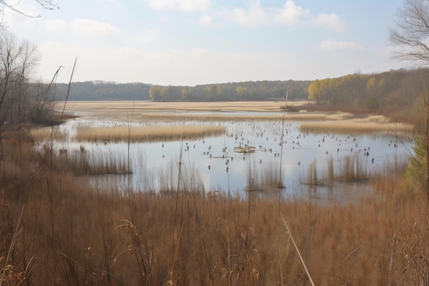 Marais d'eau douce avec des oiseaux et d'autres animaux sauvages visibles créés avec l'IA générative