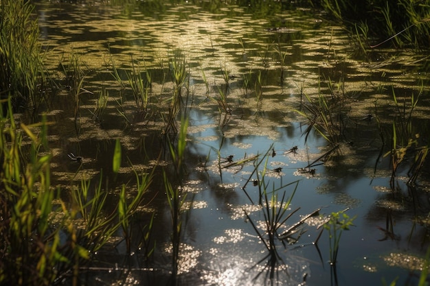 Marais rempli de libellules leurs ailes scintillantes au soleil créées avec une IA générative