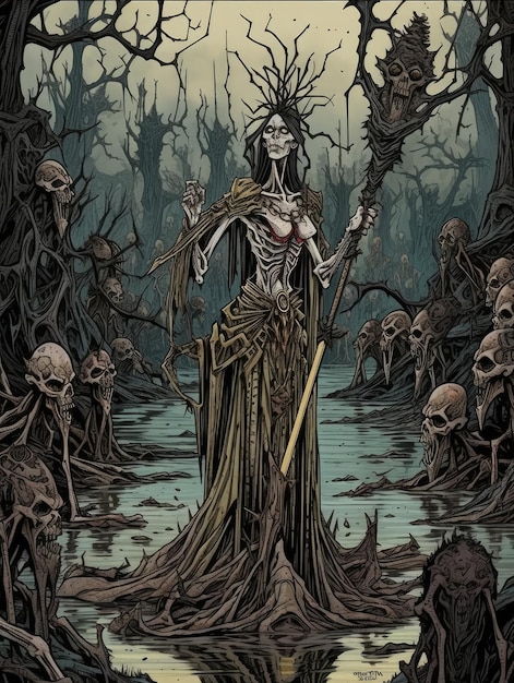 marais sorcière épique sombre fantasy illustration horreur paysage magie rassemblement horreur épique atmosphérique