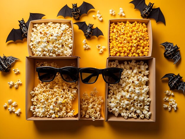 Marathon de films d'Halloween avec des amis, vue de dessus d'une configuration thématique Boîtes de pop-corn avec des os de chauve-souris