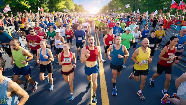 Photo les marathoniens courent sur la route. les gens bougent.