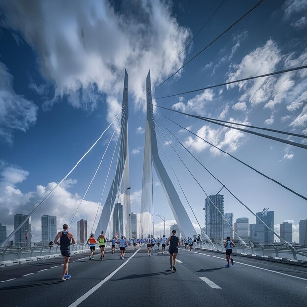 Photo les marathoniens traversent le pont de rotterdam