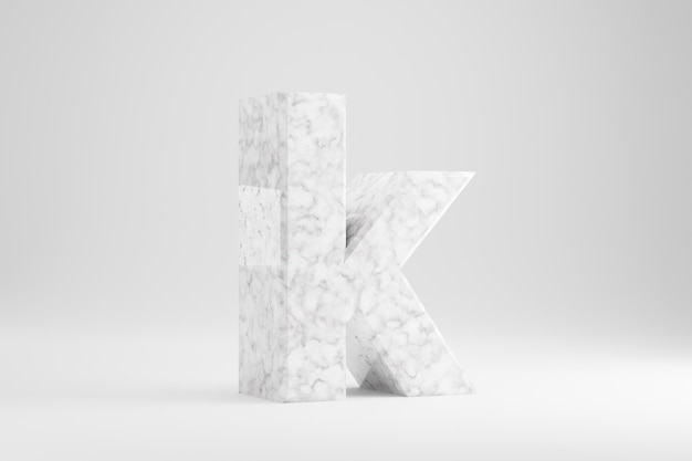 Marbre 3d lettre K minuscule. Lettre en marbre blanc isolé sur fond blanc. Alphabet en pierre de marbre brillant. Caractère de police rendu 3D.
