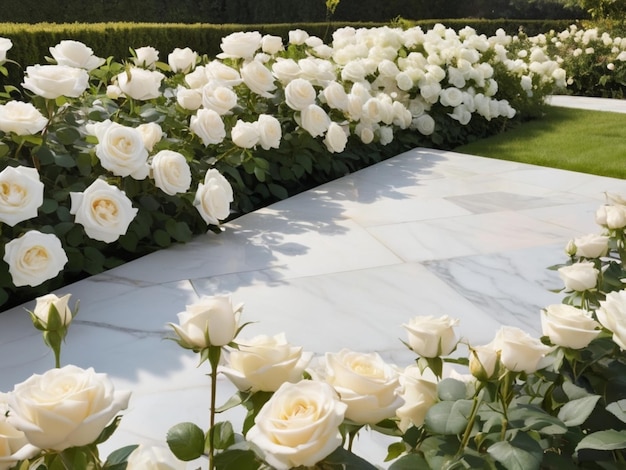 Un marbre blanc entouré de roses blanches dans un jardin