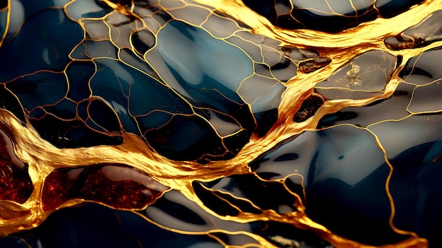 Marbre noir liquide avec textures dorées Modèle de luxe illustration fluide dorée Texture dorée fondue abstraite Illustration 3D Rendu 3D fond mode luxueux papier peint 4k