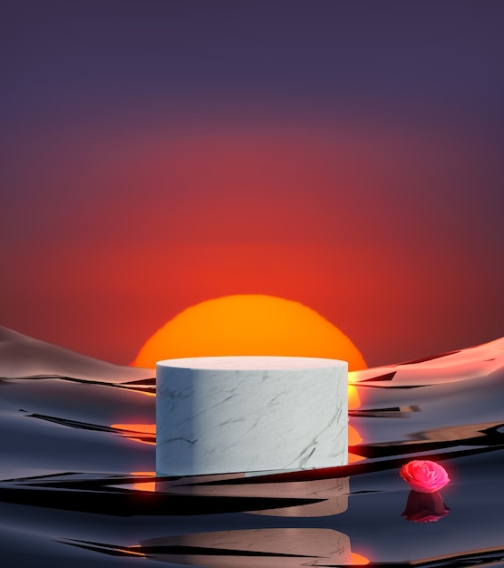 Marbre de rendu 3D avec fond de coucher de soleil, fond abstrait, piédestal pour les produits de marque.