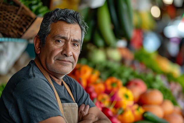 Un marchand de légumes latin d'âge moyen vêtu d'un tablier Generative Ai