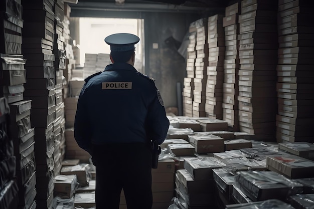 Marchandises contrefaites dans des boîtes dans l'entrepôt de la police Marchandises contrefaites confisquées Officier de police regardant des boîtes Generative Ai