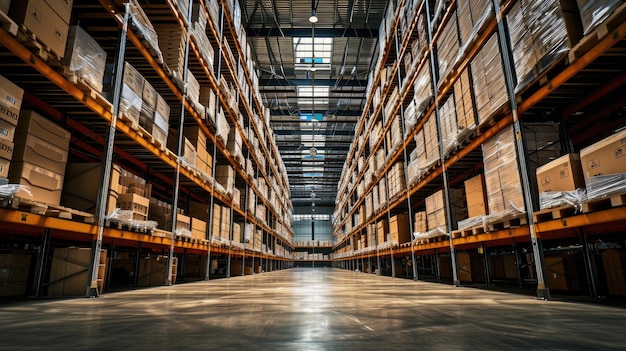 Les marchandises entreposées dans des cartons dans une salle de stockage et d'expédition de marchandises d'usine