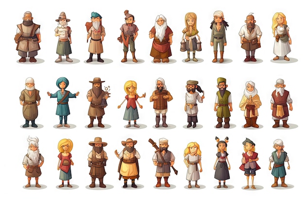 marchands donneurs de quêtes et villageois jeu personnages de dessins animés sur fond blanc éléments de jeu npc