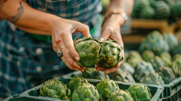 Marché d'agriculteurs avec des mains sélectionnant un artichaut frais