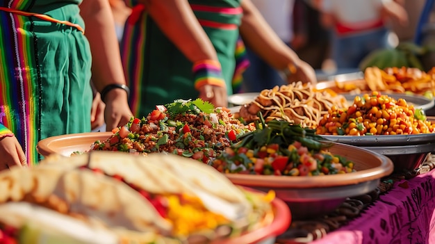 Photo un marché alimentaire animé avec une variété de plats délicieux il y a des salades colorées des fruits frais et des tacos savoureux