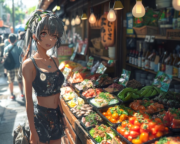 Photo le marché alimentaire est animé par des personnages d'anime.