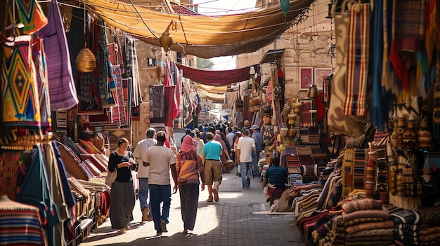 Un marché animé au Moyen-Orient La rue étroite est bordée de magasins vendant une variété de marchandises, y compris des tapis, des textiles et des épices