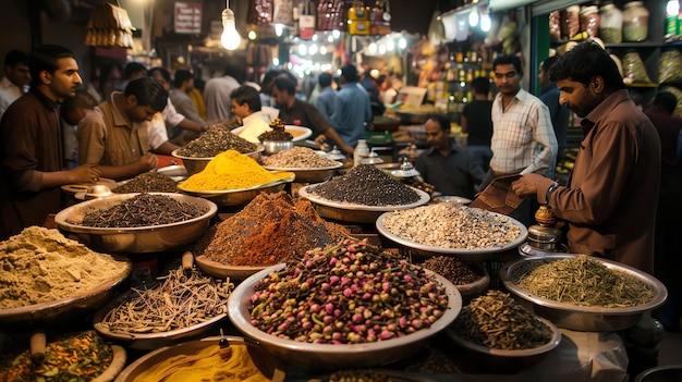 Photo un marché animé d'épices dans un endroit exotique les couleurs vives et les arômes des épices sont un festin pour les sens