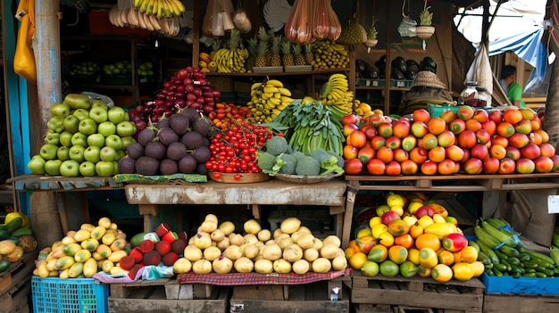 Un marché animé avec une grande variété de fruits et de légumes.