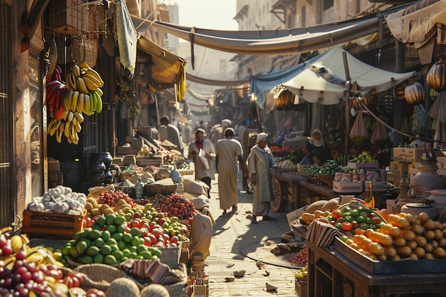 Un marché animé de la ville avec des vendeurs vendant des produits exotiques