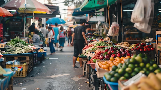 Un marché asiatique animé où les gens achètent et vendent des produits frais.