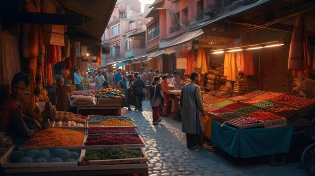 Un marché au maroc avec un homme regardant un sac de bonbons