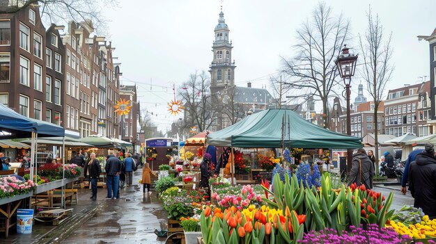 Photo un marché aux fleurs animé avec une variété de tulipes colorées, de hyacinths et d'autres fleurs exposées