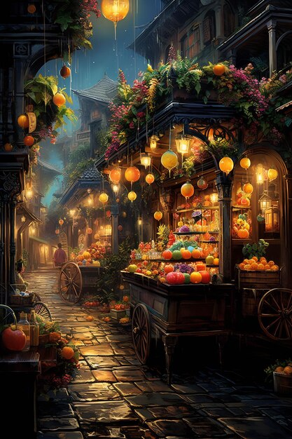 un marché aux fruits avec un chariot plein de fruits