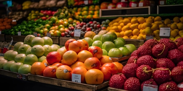 Marché aux fruits avec divers fruits et légumes frais colorés générés par l'IA