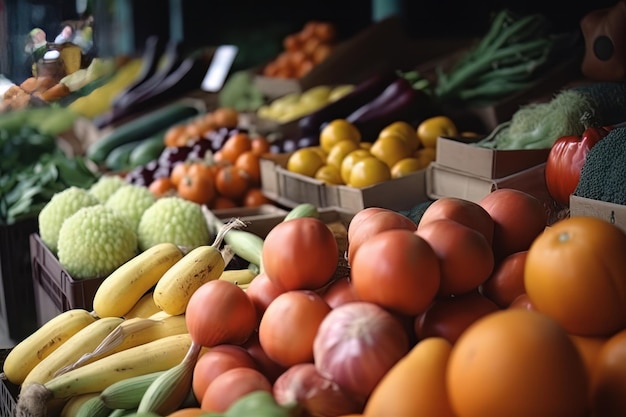 Marché aux fruits avec divers fruits et légumes frais colorés IA générative