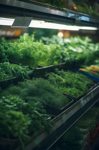 Marché aux fruits avec diverses verdures et légumes frais colorés générés par l'IA