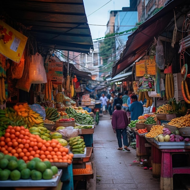 un marché aux fruits avec un panneau qui dit quot le mot quot dessus