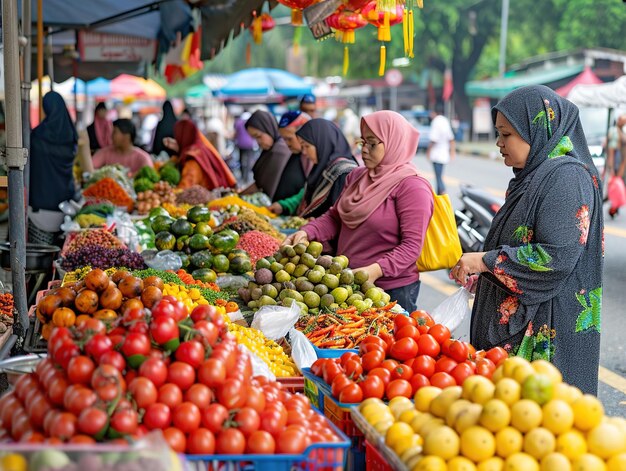 un marché avec beaucoup de fruits et légumes