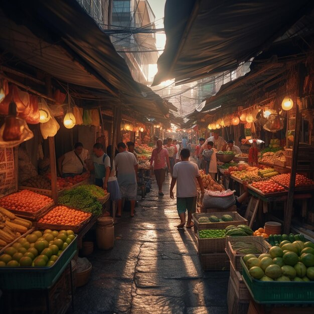 un marché avec beaucoup de monde qui se promène