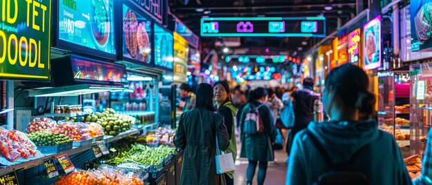 Un marché de biotechnologie animé éclairé par le néon vendant des superaliments génétiquement modifiés, bondé d'acheteurs et de panneaux holographiques.