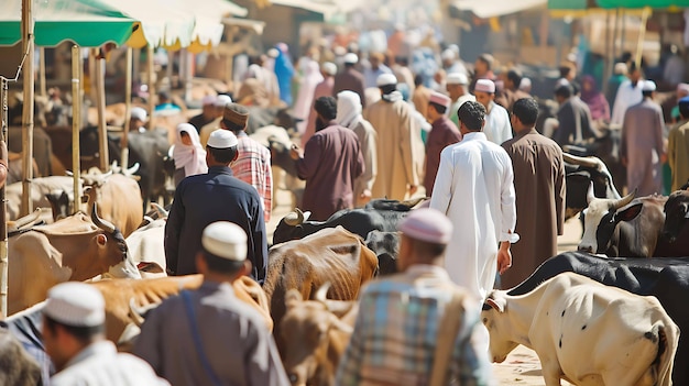 Marché bondé d'hommes et d'animaux