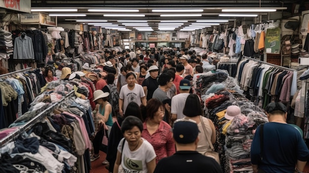 Un marché bondé avec de nombreux vêtements exposés.