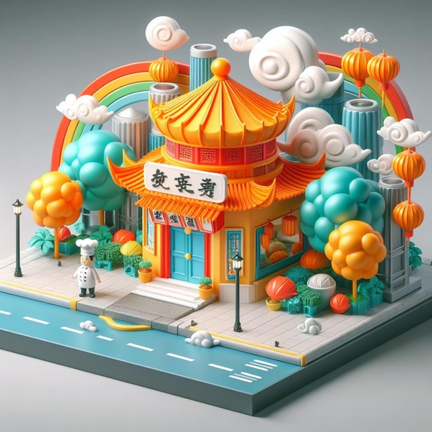 Marché de dessins animés 3D, magasin de dim sum, illustrations 3D et modèles 3D