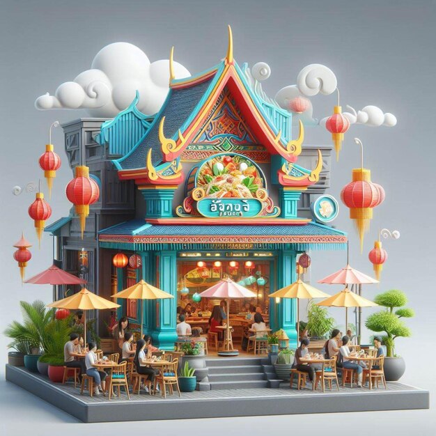 Marché de dessins animés 3d pad thai stand 3d boutique et illustrations 3d et modèle 3d