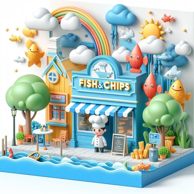 Marché de dessins animés de poisson et frites magasin 3D et illustrations 3D et modèle 3D