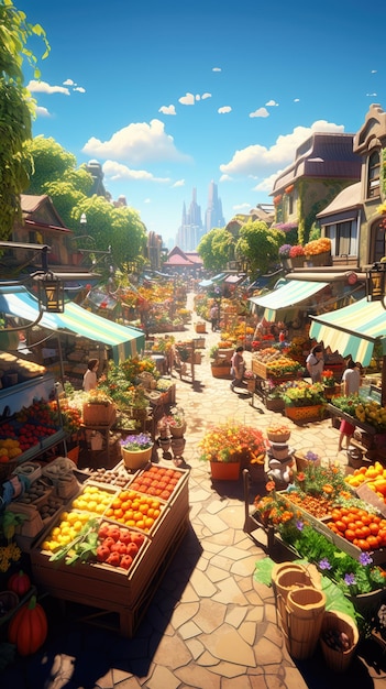 Un marché d'été animé et dynamique avec des étals remplis de légumes fruits frais et colorés