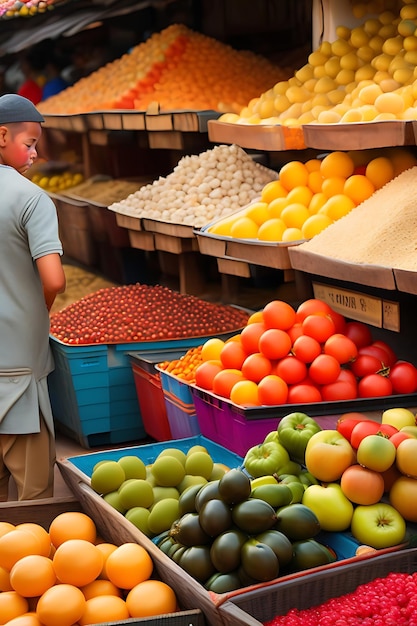 Marché extérieur animé avec fruits et légumes colorés Voyage en Asie et en Amérique du Sud