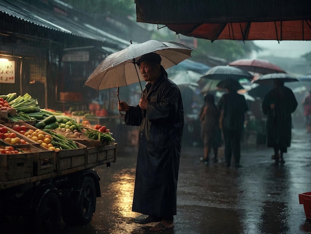 Marché des fermiers asiatiques dans la rue une nuit de pluie