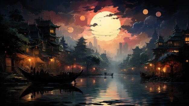 marché flottant sur une rivière brumeuse anciennes lanternes de charme style fauvisme