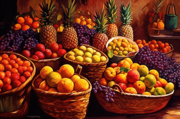 Le marché des fruits affiche des couleurs juteuses ananas oranges violets raisins génératifs IA