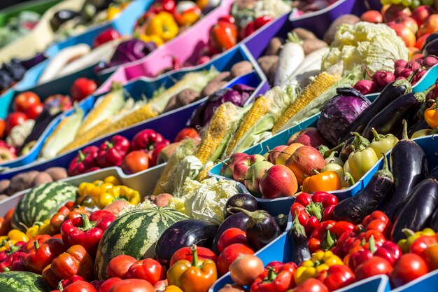 Marché de fruits fermiers avec divers fruits et légumes frais colorés