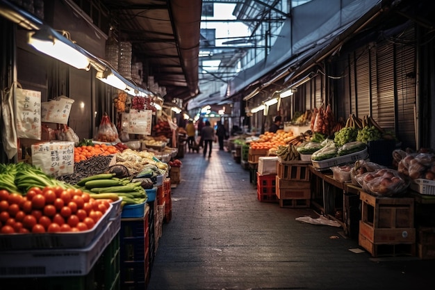 un marché de fruits et légumes avec une pancarte qui dit "frais"