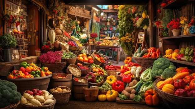 un marché de fruits et légumes avec des paniers de légumes et de fruits