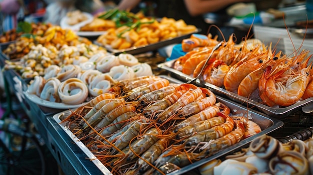 Un marché de fruits de mer présentant un assortiment de captures fraîches, y compris des crevettes, des calamars et des poissons prêts à être grillés ou frits.