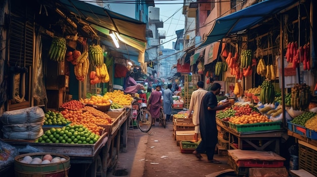 Un marché avec un homme regardant des légumes