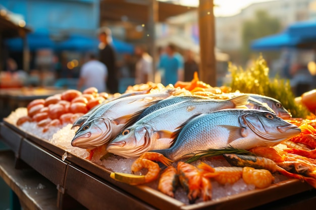 Marché local avec des produits agricoles frais Poisson de mer et fruits de mer en gros plan sur le comptoir de la rue