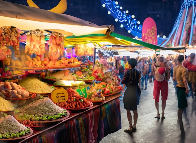 Un marché nocturne animé avec des étals colorés, des artistes de rue et des plats aromatiques