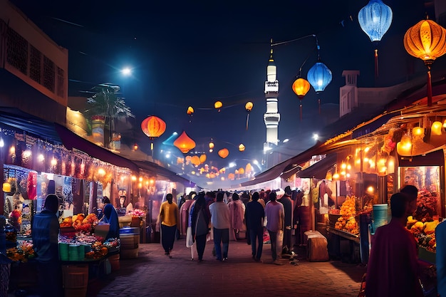 Marché nocturne du Ramadan Des étals animés ornés de lanternes colorées Des épices aromatiques et délicieuses